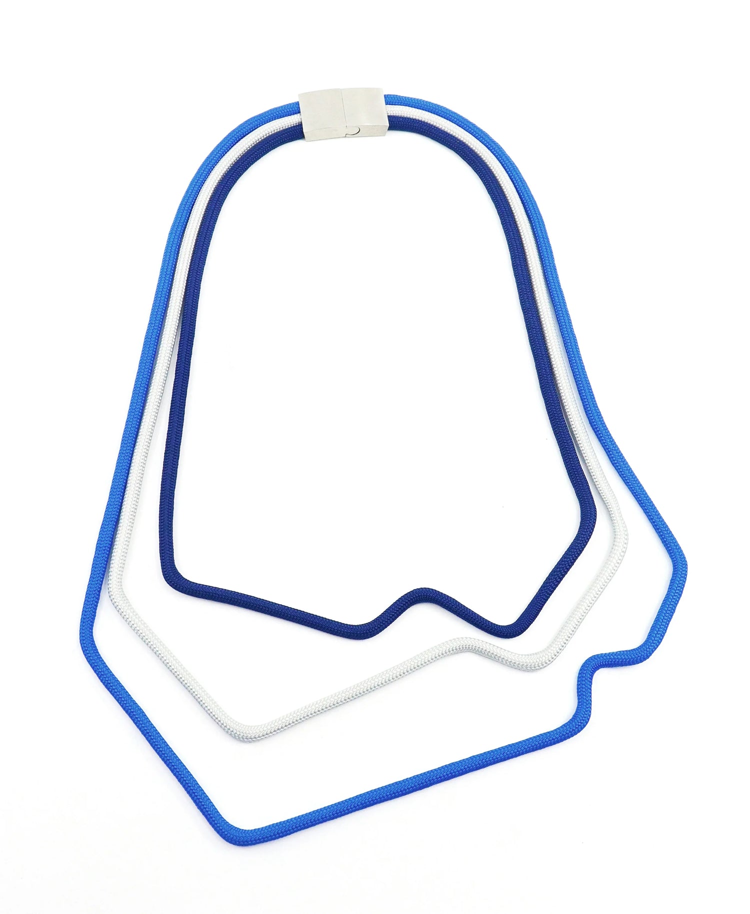 FuturisNow Linea collection modular necklace with three colorful wavy cords in blue and white on white background
