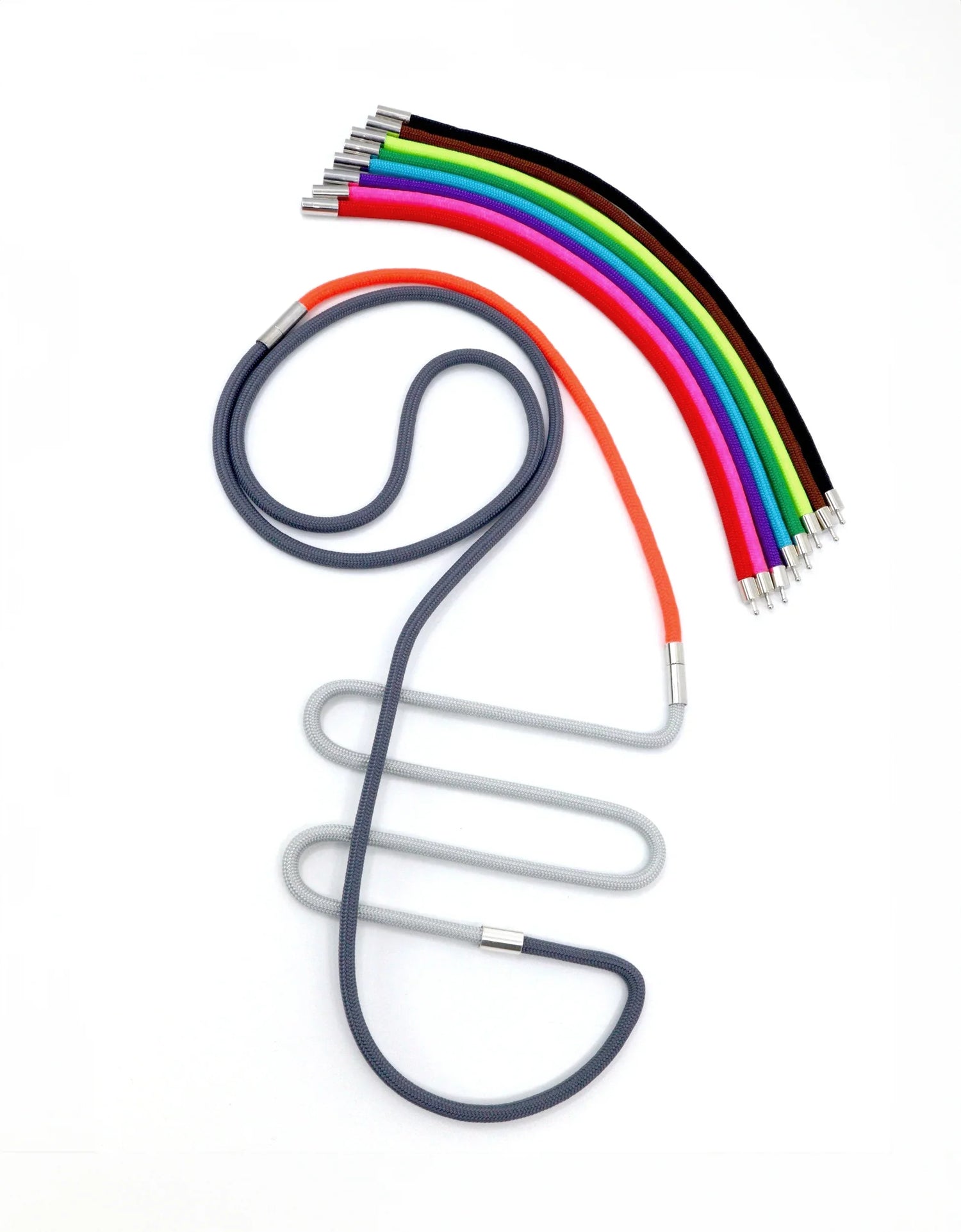 FuturisNow Linea collection multicolored modular jewelry cords with silver connectors on white background